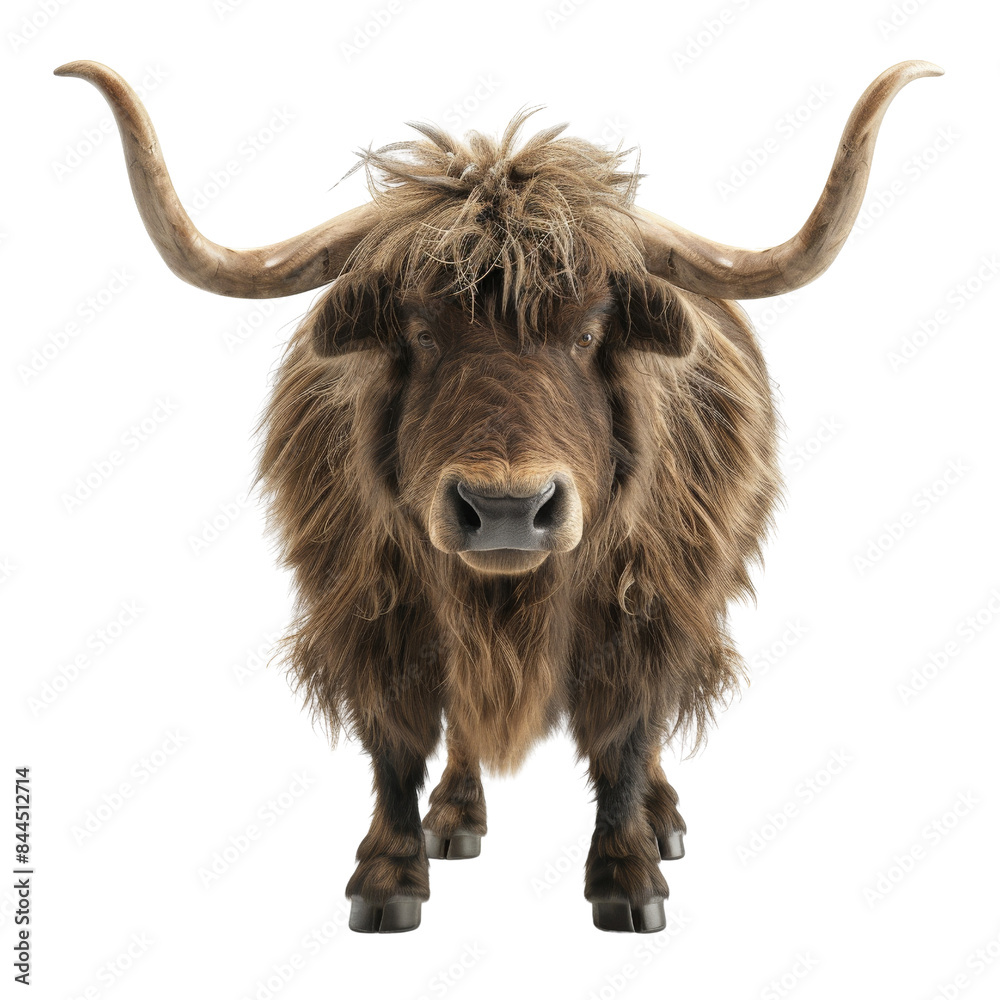 Front view of a highland cow with long, shaggy fur and big horns, isolated on transparent background. Front view of a highland cow with long, shaggy fur and big horns, isolated on transparent background.