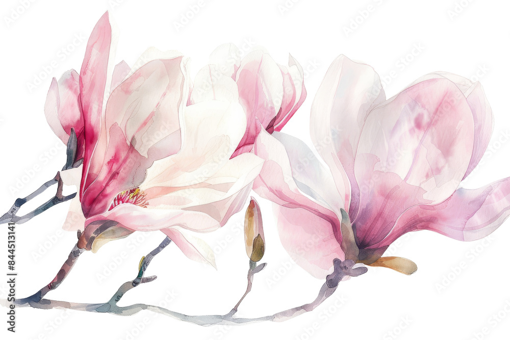 Fototapeta premium Watercolor of pink magnolia flowers on transparent background. Perfect for spring-themed designs, cards, and prints.