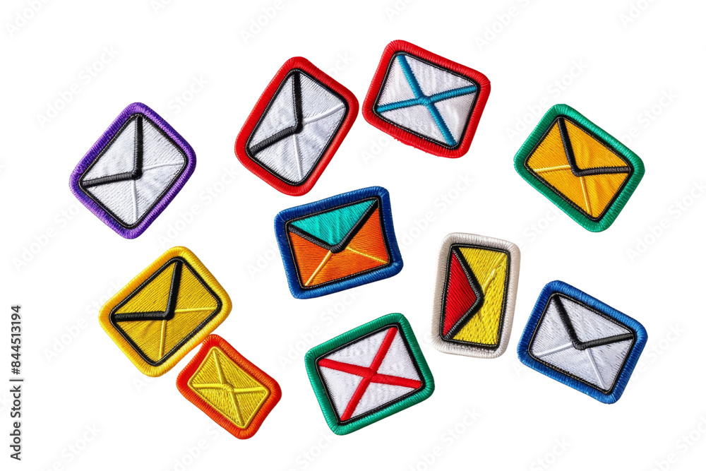 A colorful array of embroidered envelope patches on a transparent background. perfect for crafts or decoration. Various designs and sizes included.