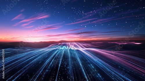 Conceptual, futuristic abstract background with fiber optic lighting line on beautiful landscape