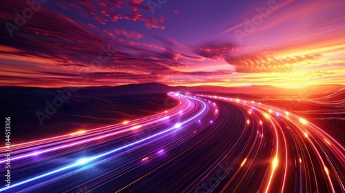 Conceptual, futuristic abstract background with fiber optic lighting line on beautiful landscape