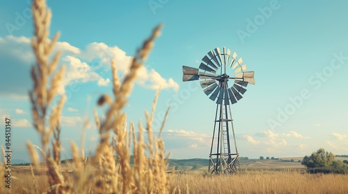 A rustic windmill turns gently in the countryside breeze, embodying timeless harmony with nature.