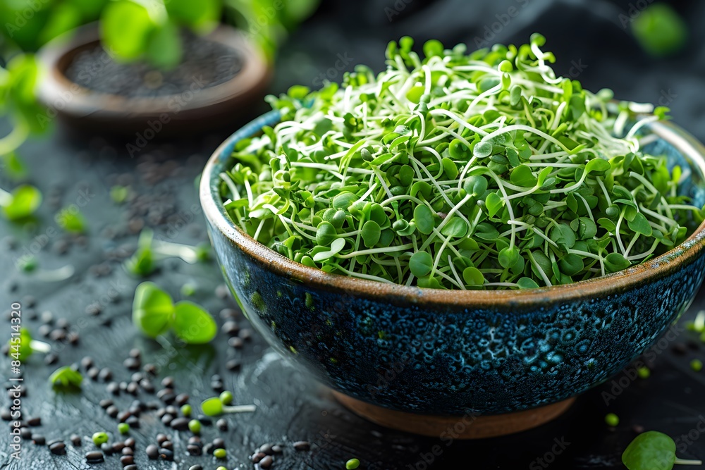 Fresh Green Microgreens in Ceramic Bowl on Dark Background Healthy Food, Plant-Based Nutrition, Culinary Herb Ingredients Fresh Green Microgreens in Ceramic Bowl on Dark Background Healthy Food, Plant-Based Nutrition, Culinary Herb Ingredients