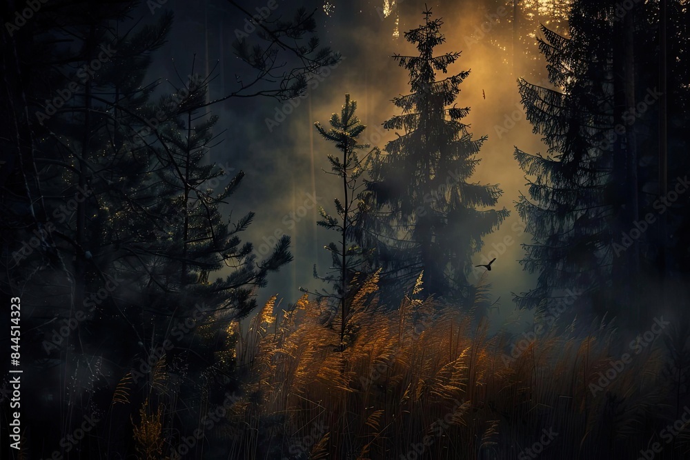 Mysterious foggy forest scene with illuminated trees and golden reeds, creating a mystical and enchanting atmosphere at dawn or dusk.