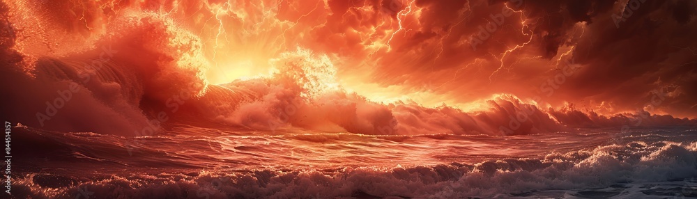 A dramatic sunset over the ocean with fiery clouds and vibrant waves, capturing the intense colors and dynamic atmosphere of the scene. A dramatic sunset over the ocean with fiery clouds and vibrant waves, capturing the intense colors and dynamic atmosphere of the scene.