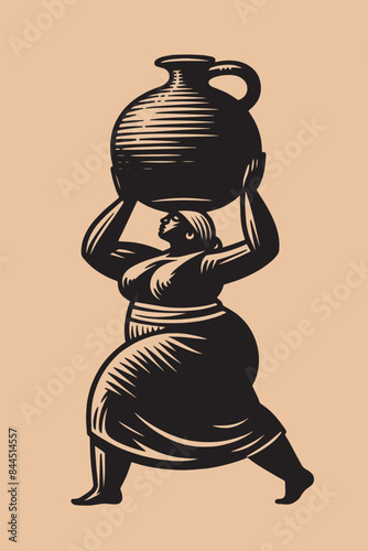 A plump African woman with a jug above her head. Abstract black and white vector illustration. Artwork, engraving, isolated object