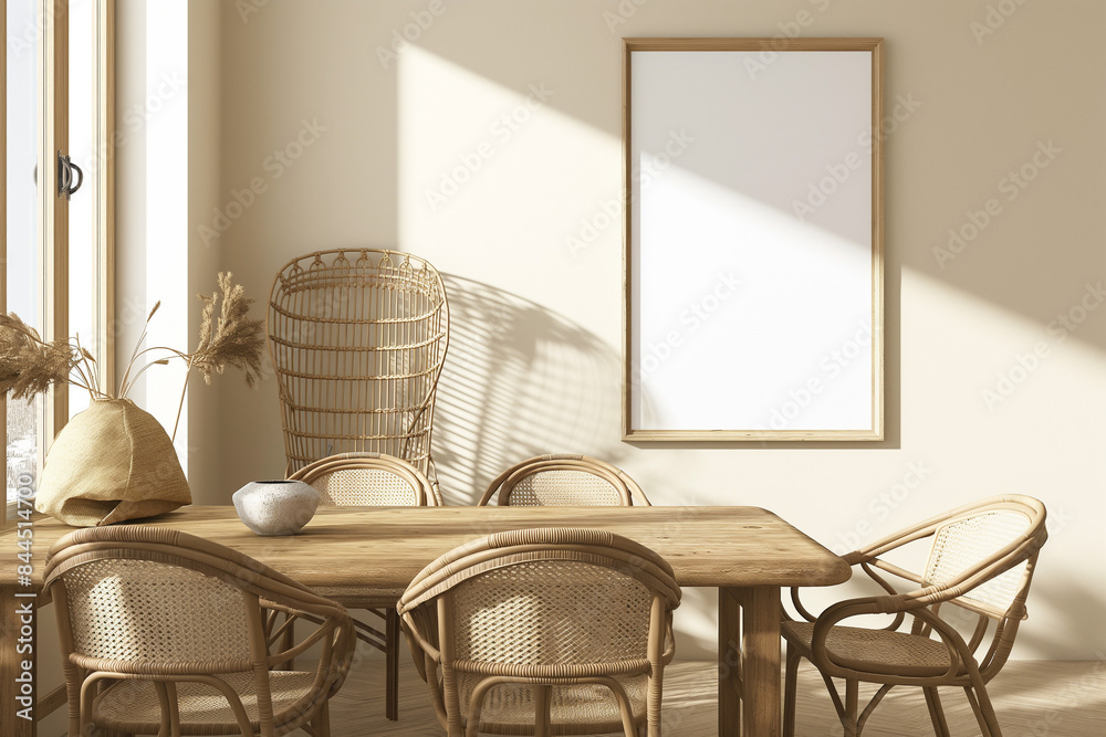 Fototapeta premium table and chairs in a room, A Scandinavian dining room design featuring a frame mockup on a bright beige interior background