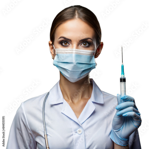 Female nurse with syringe on transparent background wearing mask and gloves photo