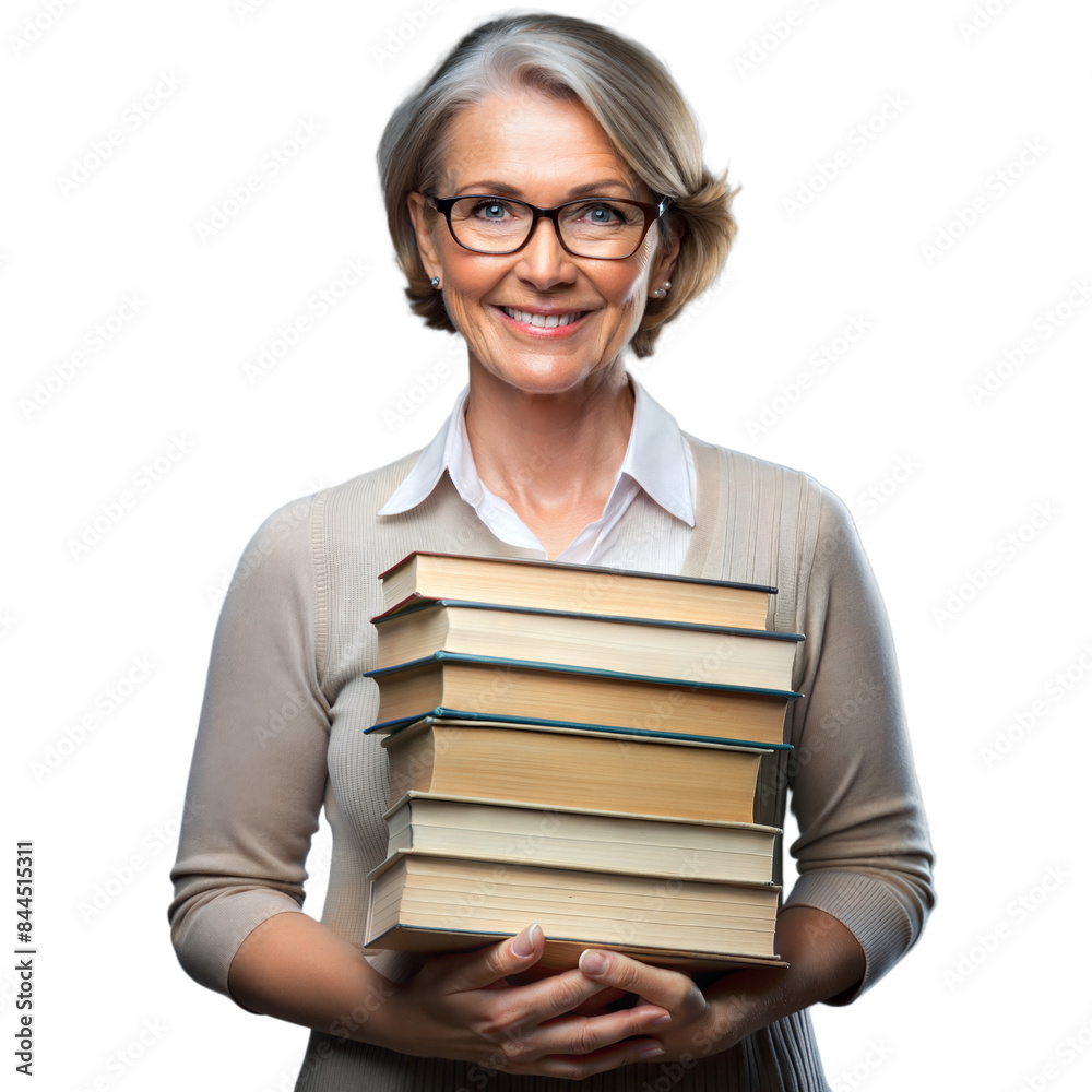Smiling elderly woman holding books on transparent background Smiling elderly woman holding books on transparent background