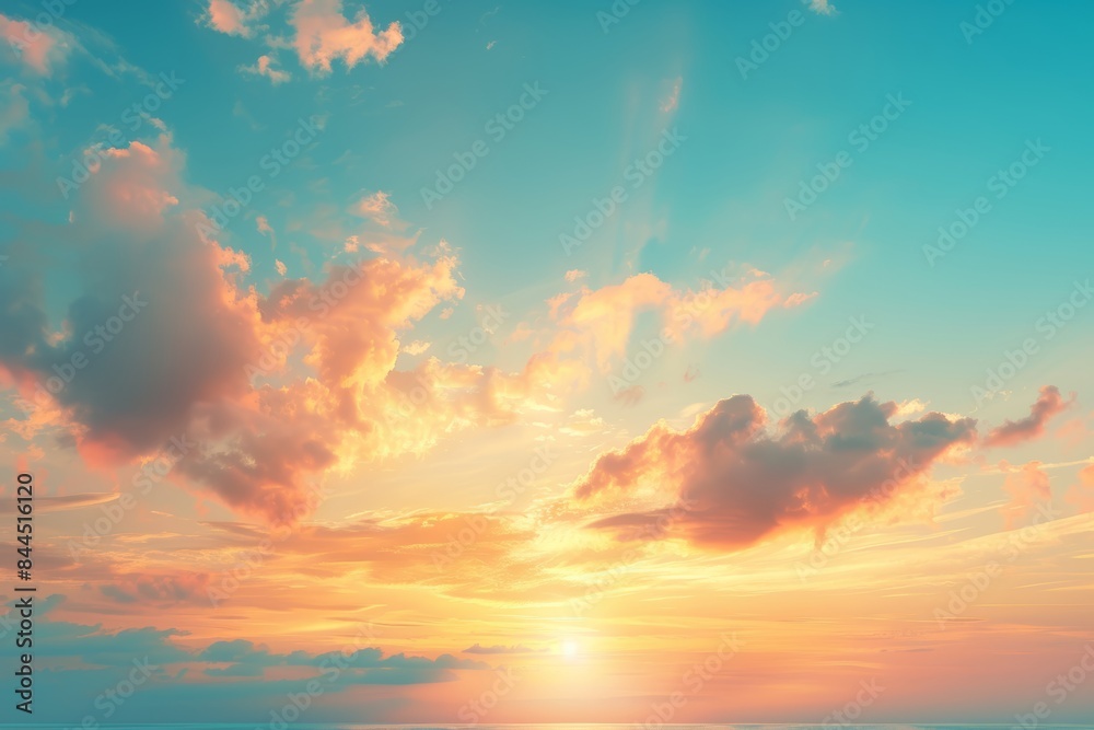 A breathtaking view of the ocean at sunset, with colorful clouds and a golden sky A breathtaking view of the ocean at sunset, with colorful clouds and a golden sky
