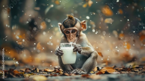 Monkey in hawaii shirt drinking a coffee in a restaurant. Boss chimpanzee in a suit business concept illustration,Funny monkey with cup of coffee in the cafe. New year concept
 photo