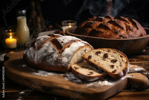Freshly baked sourdough bread with steam rising, on a rustic kitchen table