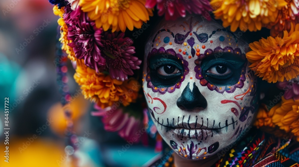 a woman with a colorful face and skull makeup a woman with a colorful face and skull makeup