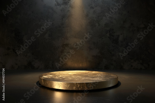 abstract background in gold tone, minimalist style, lectern for minimal cosmetic product display, Golden podium on dark background, Realistic 3d render, 3D rendering gold podium display on black 
