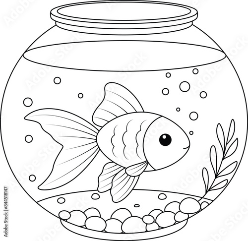 Goldfish swimming in a transparent round glass fishbowl coloring page. Fish glass round aquarium.