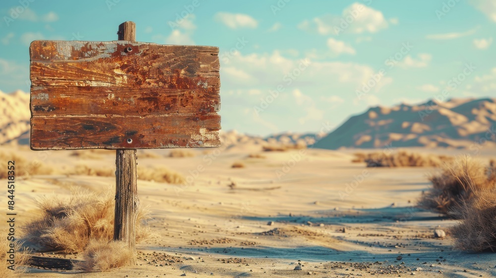 Fototapeta premium Old blank wooden sign standing in the middle of a desert