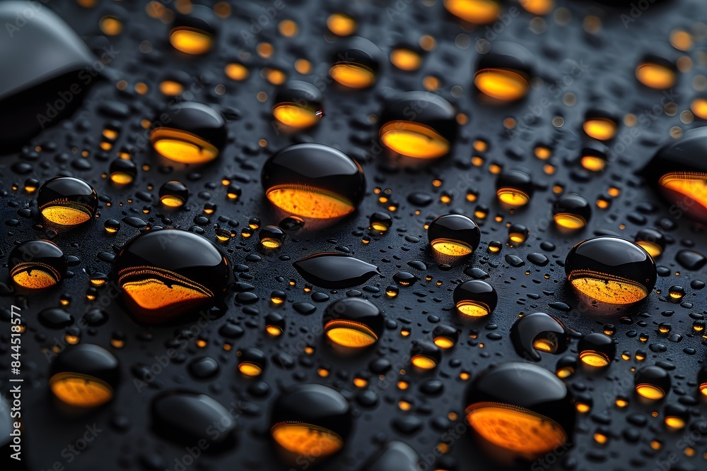 Macro Shot of Water Droplets with Orange Glow on Black Surface - Abstract Background for Design or Print Macro Shot of Water Droplets with Orange Glow on Black Surface - Abstract Background for Design or Print