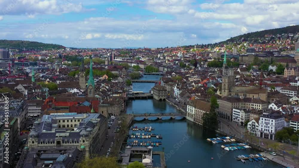 Zurich Old Town Skyline and Limmat River on Sunny Day. Switzerland. Aerial View. Orbiting Zurich Old Town Skyline and Limmat River on Sunny Day. Switzerland. Aerial View. Orbiting