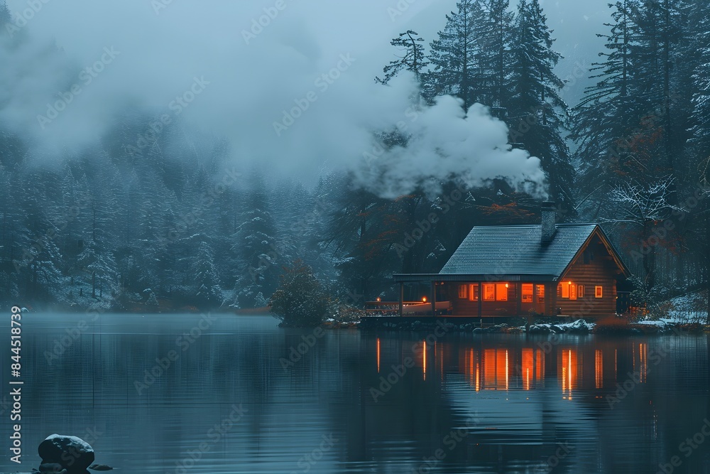Fototapeta premium Cozy Winter Cabin by Misty Lake at Dusk - Nature Retreat, Foggy Forest, Reflection in Water - Perfect for Holiday Posters and Greeting Cards