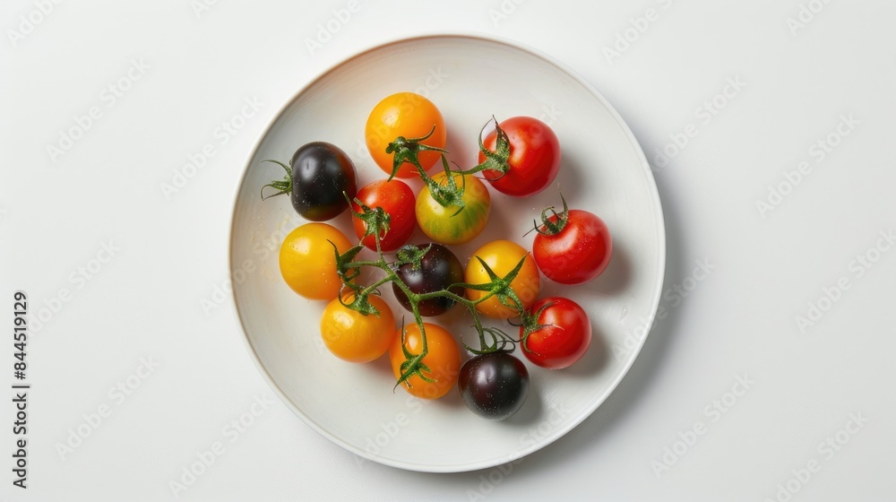 Small black red and yellow tomatoes arranged on a plate against a white background Small black red and yellow tomatoes arranged on a plate against a white background