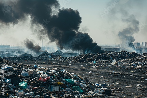 Environmental pollution. Fire at the landfill. The concept of ecological disaster, disaster, disaster.