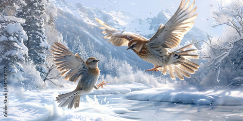 Frozen Farewell: Feathered Friends Departing Snowy Landscapes for Sunnier Skies photo