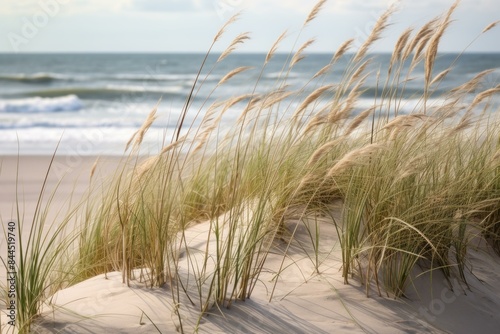 Tranquil scenery of sea oats swaying on sandy dunes with ocean waves in the background photo