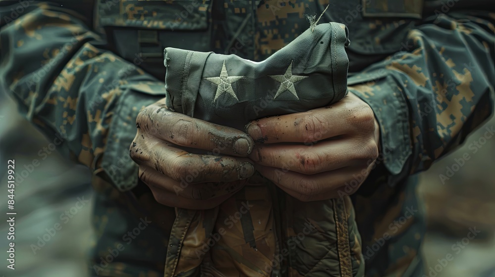 Close-up of a soldier's dirty hands holding a folded flag with stars, portraying military life and service.