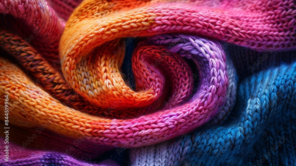 Fototapeta premium Close-up of a vibrant, multi-colored knitted fabric with rich textures and bright, warm hues creating a spiral pattern. Perfect for craft designs.