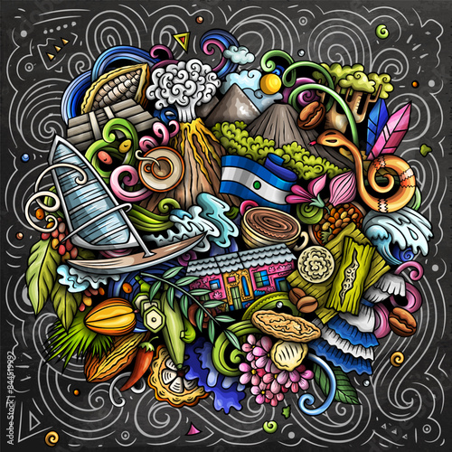 Vector funny doodle illustration with El Salvador theme. Vibrant and eye-catching design, capturing the essence of Central America culture and traditions through playful cartoon symbols