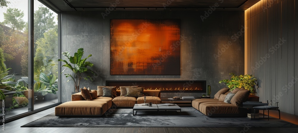 Modern Dark Home Interior with Large Windows and Green Plants Modern Dark Home Interior with Large Windows and Green Plants