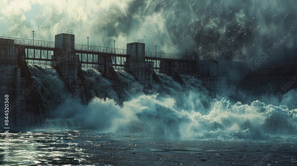 Fototapeta premium Dam water overflows, dam breaks