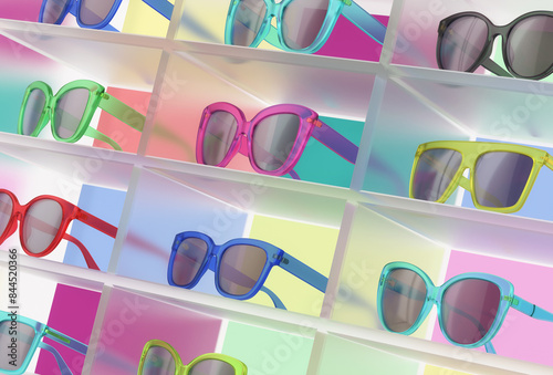 The glass rack with joyful colors and models variety of sunglasses. The colorful transparent plastic frames with shaded lens for eyes sun protection. 3d render
