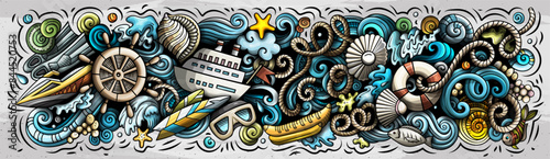 Cartoon cute hand drawn colorful vector doodle Marine horizontal banner design