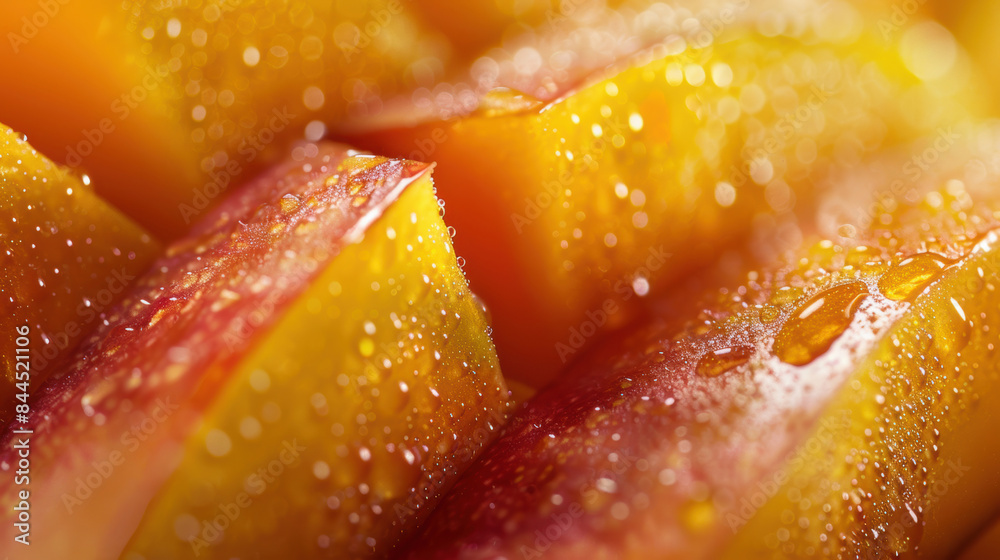 An open ripe mango sliced showing its juicy, golden flesh, close-up An open ripe mango sliced showing its juicy, golden flesh, close-up