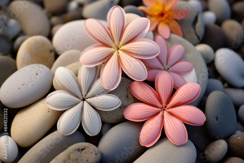 Elegant pastel flowers rest on smooth pebbles by the sea  depicting tranquility