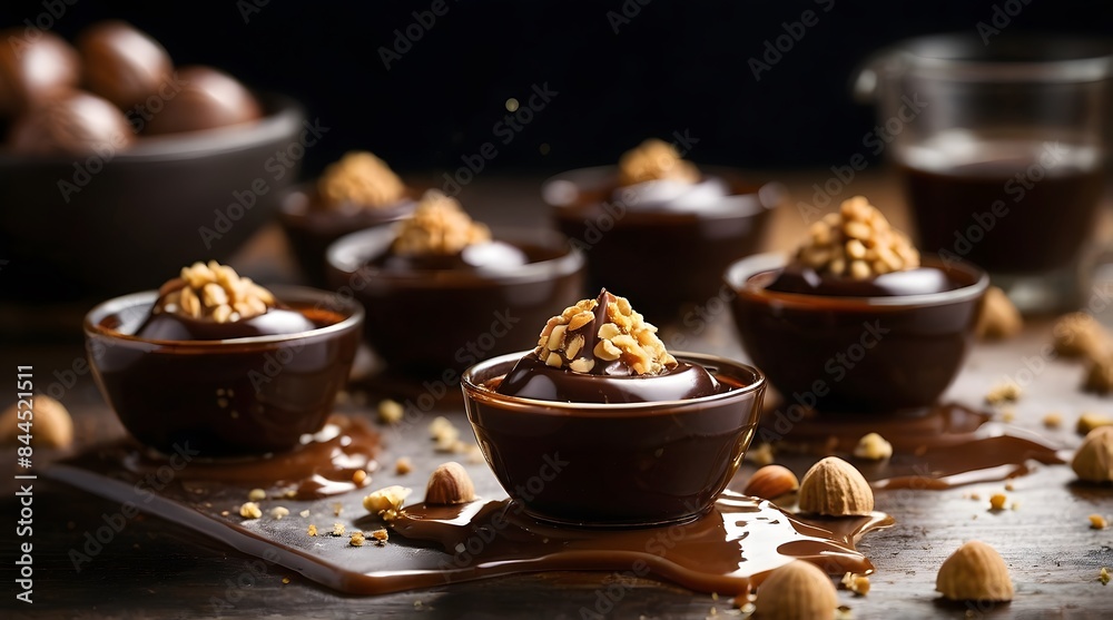 A few chocolate hazelnuts with chelated liquid poured over them, professional photography, cinematic lighting A few chocolate hazelnuts with chelated liquid poured over them, professional photography, cinematic lighting