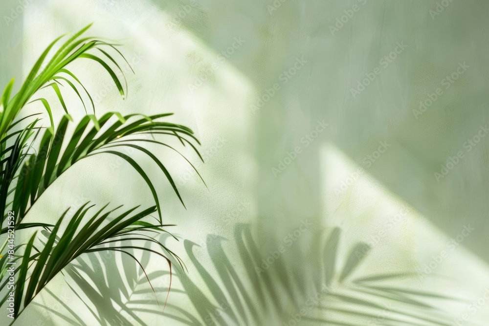 Fototapeta premium A single palm leaf casts intricate shadows on a light green wall, illuminated by bright sunlight streaming through a window