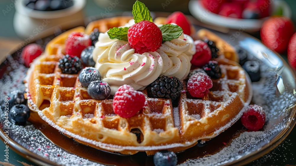 Delicious waffle topped with fresh berries, whipped cream, and mint garnish. Perfect for breakfast or dessert. Vibrant and appetizing. Delicious waffle topped with fresh berries, whipped cream, and mint garnish. Perfect for breakfast or dessert. Vibrant and appetizing.