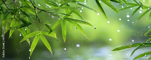 Close-up of fresh green leaves with water droplets, creating a serene and refreshing atmosphere, perfect for nature and zen-themed stock photography.