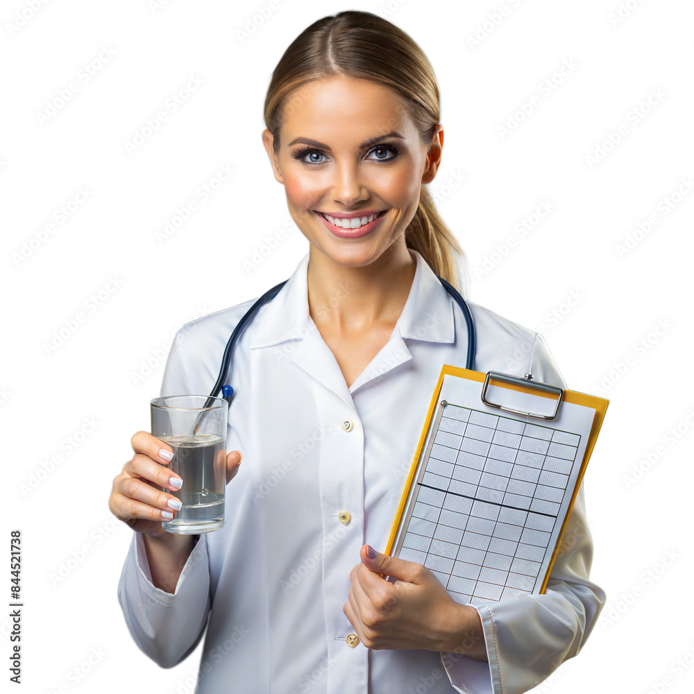 Smiling doctor holding a glass of water and a clipboard Smiling doctor holding a glass of water and a clipboard
