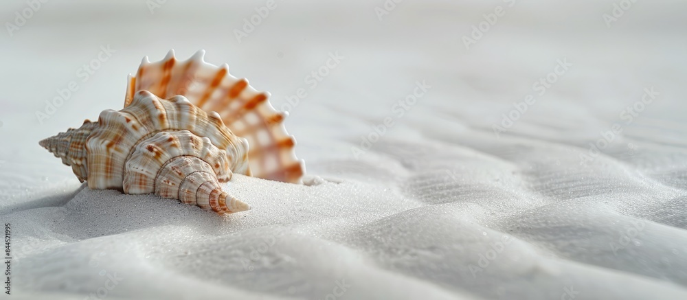 A stunning seashell resting on pristine white sand, surrounded by ample empty space. Captured in macro with a remarkably shallow depth of field.