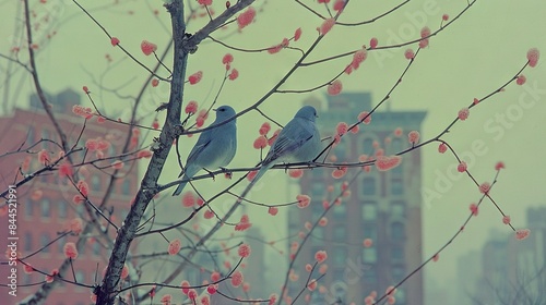  Two blue birds sit on a tree branch with a cityscape and red flowers in the foreground