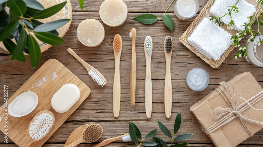 A collection of bamboo toothbrushes, soaps, and toothpaste is displayed on a wooden table A collection of bamboo toothbrushes, soaps, and toothpaste is displayed on a wooden table