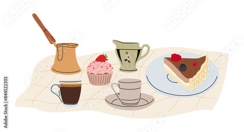 Breakfast with coffee, espresso cup, cheesecake, cupcake. Morning food served on kitchen towel. Cozy aesthetic meal setting with coffee. Flat colorful vector illustration on transparent background.