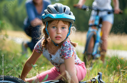 A young girl is sitting on the ground after falling off her bike while riding with friends, wearing a helmet and pink shorts. In the background we see a mother standing near a bicycle