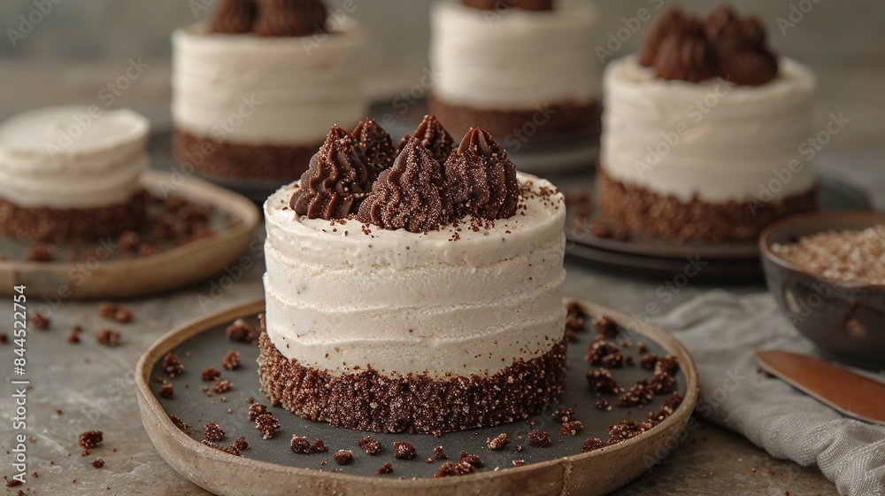 Close-up of a cake on a plate with other cakes in the background and coffee cup in the foreground Close-up of a cake on a plate with other cakes in the background and coffee cup in the foreground