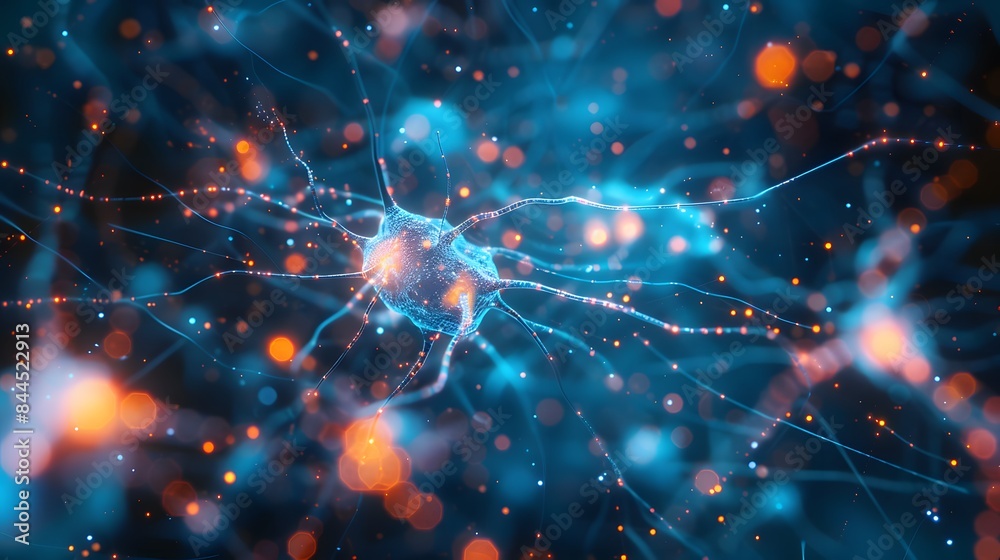 Fototapeta premium A closeup of an active neurons or cells in the brain, showing connections and signs of activity, representing mental health and nervous system.