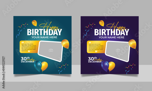 Birthday wishes social media post template, party invitation or greeting card, happy wedding anniversary celebration event square banner poster design set