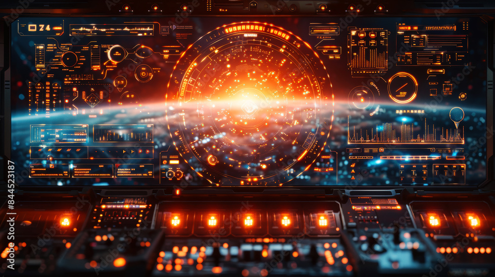 Technology and electronic in spaceship with atmosphere light of the sun and horizon on the edge of the earth looking down from the sky and space above the globe